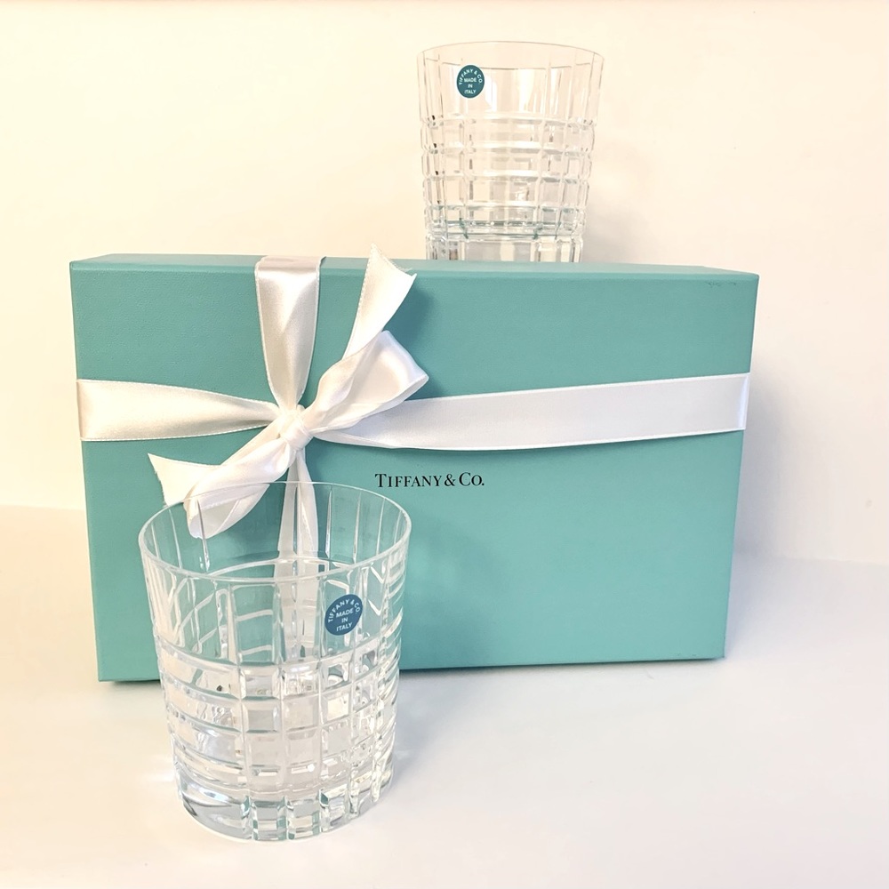 🆕 Tiffany & Co. 2 double old fashioned glasses 'Plaid'  10 oz. each